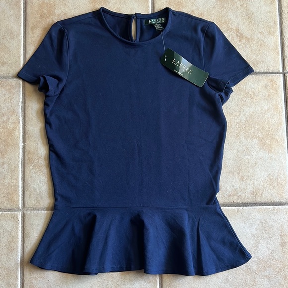 NWT Lauren by Ralph Lauren Navy Blue Shirt Sleeve Peplum Top size S - Picture 1 of 7